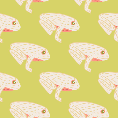 Light pink frog ornament seamless pattern in hand drawn doodle style. Pastel green olive background. Stock illustration. Vector design for textile, fabric, giftwrap, wallpapers.のイラスト素材
