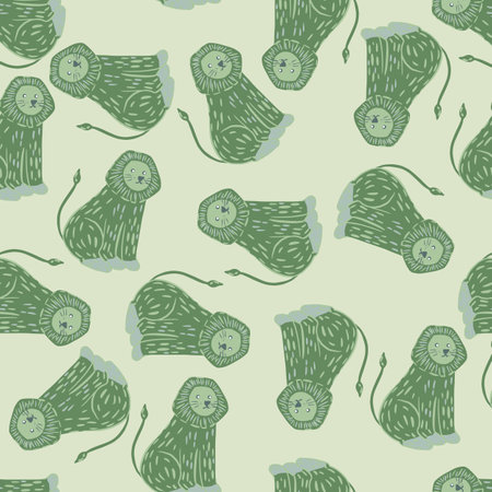 Isolated seamless animal pattern with simple green lion silhouettes. White background. Doodle style. Graphic design for wrapping paper and fabric textures. Vector Illustration.のイラスト素材