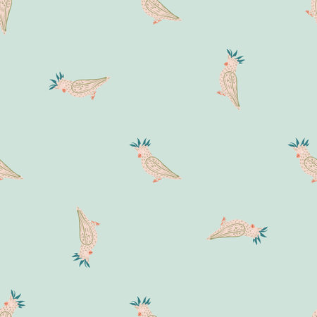 Minimalistic seamless exotic bird pattern with hand drawn cockatoo parrot shapes. Blue pastel background. Flat vector print for textile, fabric, giftwrap, wallpapers. Endless illustration.のイラスト素材