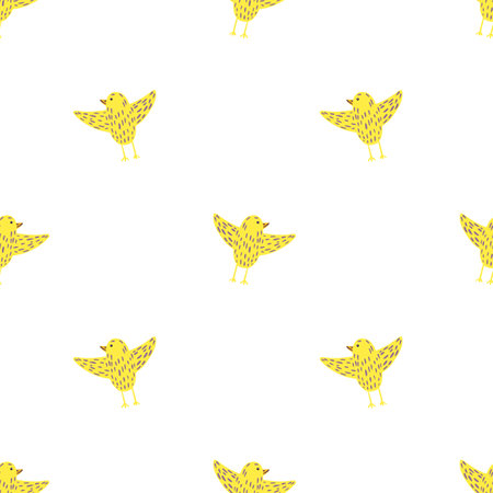 Isolated seamless doodle pattern with simple yellow bird silhouettes. White background. Vector illustration for seasonal textile prints, fabric, banners, backdrops and wallpapers.のイラスト素材
