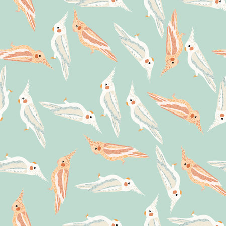Pastel palette seamless pattern with hand drawn random beige and white cockatoo print. Vector illustration for seasonal textile prints, fabric, banners, backdrops and wallpapers.のイラスト素材