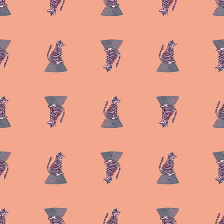 Decorative cartoon seamless pattern in kids style with simple tigers print. Pink pale background. Vector illustration for seasonal textile prints, fabric, banners, backdrops and wallpapers.のイラスト素材