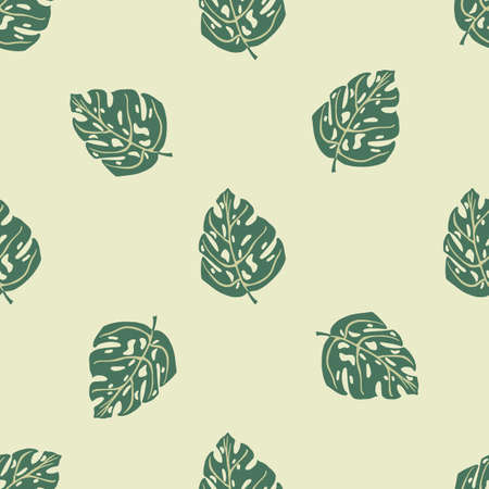 Minimalistic seamless pattern with doodle tropic monstera leaves print. Light beige background. Vector illustration for seasonal textile prints, fabric, banners, backdrops and wallpapers.のイラスト素材