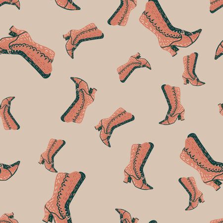 Random seamless pattern with elegance women boots with heel. Grey background. Simple decorative artwork. Stock illustration. Vector design for textile, fabric, giftwrap, wallpapers.のイラスト素材