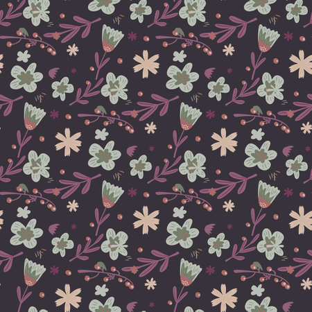 Botanic seamless pattern with doodle flower silhouettes and leaf elements. Purple background. Random ditsy print. Graphic design for wrapping paper and fabric textures. Vector Illustration.のイラスト素材