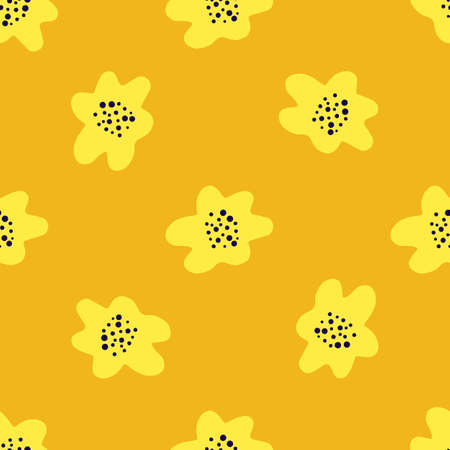 Yellow simple flowers silhouettes seamless doodle pattern. Orange background. Nature botanic backdrop. Stock illustration. Vector design for textile, fabric, giftwrap, wallpapers.のイラスト素材