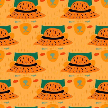 Abstract animal seamless kids pattern with doodle bear character print. Funny orange animals in cute hats. Flat vector print for textile, fabric, giftwrap, wallpapers. Endless illustration.のイラスト素材