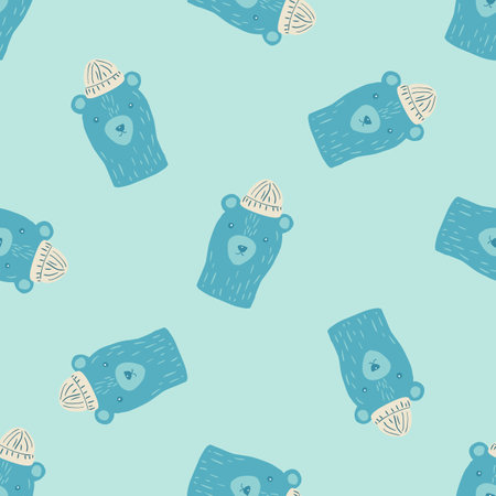 Cartoon childish seamless pattern with blue bear head in hats ornament. Random animal funny print. Vector illustration for seasonal textile prints, fabric, banners, backdrops and wallpapers.のイラスト素材