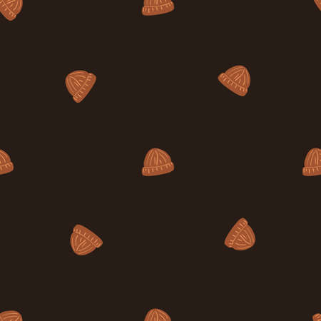 Minimalistic seamless pattern with beige beanie hat silhouettes. Dark brown background. Stock illustration. Vector design for textile, fabric, giftwrap, wallpapers.のイラスト素材