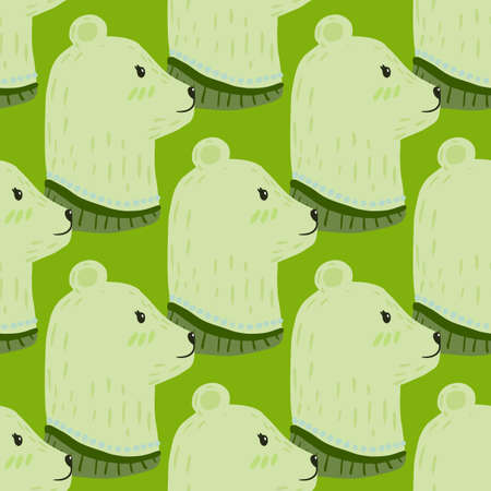 Cartoon seamless pattern with hand drawn bear head profile print. Green bright background. Flat vector print for textile, fabric, giftwrap, wallpapers. Endless illustration.のイラスト素材