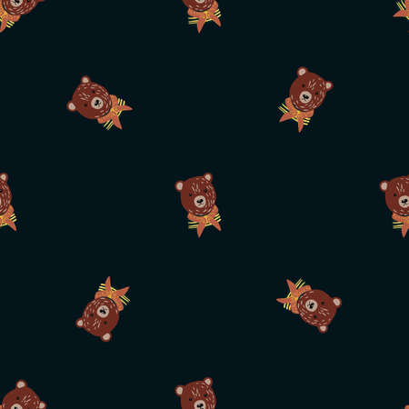 Seamless dark pattern with brown bears silhouettes print. Black background. Childish zoo cute print. Vector illustration for seasonal textile prints, fabric, banners, backdrops and wallpapers.のイラスト素材