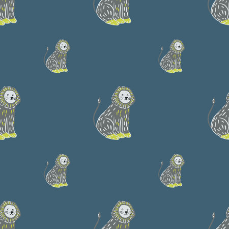 Minimalistic style seamless zoo pattern with grey hand drawn lion print. Dark navy blue background. Graphic design for wrapping paper and fabric textures. Vector Illustration.のイラスト素材