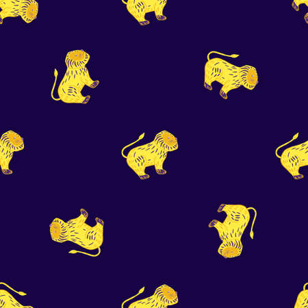 Animal seamless cute pattern with bright yellow lion ornament. Navy blue background. Zoo print. Graphic design for wrapping paper and fabric textures. Vector Illustration.のイラスト素材