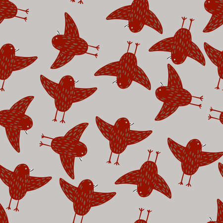 Random contrast seamless pattern with maroon flying birds ornament. Light blue background. Vector illustration for seasonal textile prints, fabric, banners, backdrops and wallpapers.のイラスト素材
