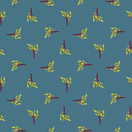 Geometric seamless pattern with bright yellow leaf branches shapes. Blue pastel background. Stock illustration. Vector design for textile, fabric, giftwrap, wallpapers.のイラスト素材