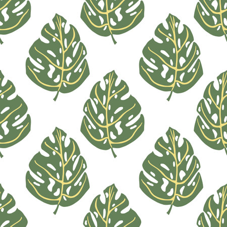 Isolated green monstera leaves silhouettes seamless doodle pattern. White background. Tropic print. Vector illustration for seasonal textile prints, fabric, banners, backdrops and wallpapers.のイラスト素材