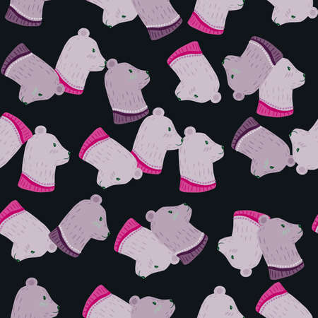 Seamless pattern in doodle style with purple bear head profile print. Black background. Happy print. Flat vector print for textile, fabric, giftwrap, wallpapers. Endless illustration.のイラスト素材