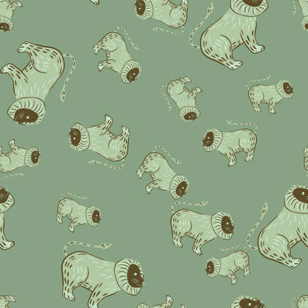 Random seamless pattern with outline doodle lions ornament. Kids backdrop. Green pastel background. Graphic design for wrapping paper and fabric textures. Vector Illustration.のイラスト素材