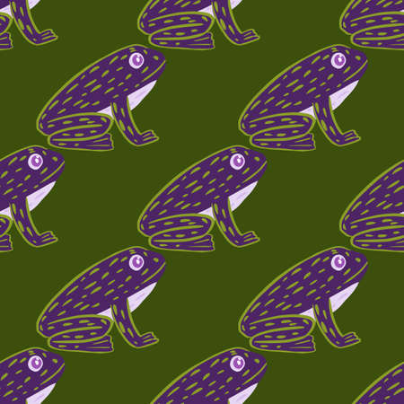 Abstract seamless doodle pattern with zoo marine purple frog silhouettes artwork. Green background. Stock illustration. Vector design for textile, fabric, giftwrap, wallpapers.のイラスト素材