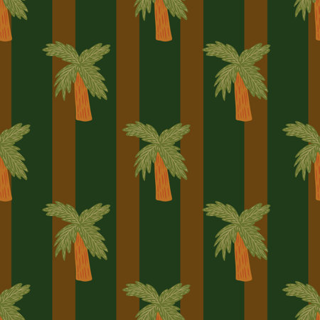 Beach plants seamless nature pattern with doodle palm tree ornament. Browna and green colored striped background. Graphic design for wrapping paper and fabric textures. Vector Illustration.のイラスト素材