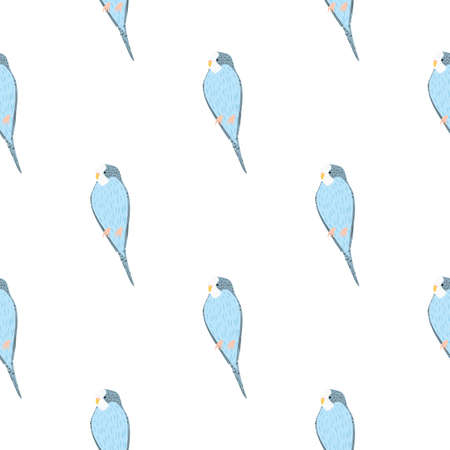 Isolated seamless doodle pattern with hand drawn blue parrot ornament. White background. Simple design. Flat vector print for textile, fabric, giftwrap, wallpapers. Endless illustration.のイラスト素材