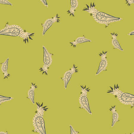 Random seamless doodle zoo pattern with grey contoured cockatoo parrot shapes. Light green background. Flat vector print for textile, fabric, giftwrap, wallpapers. Endless illustration.のイラスト素材