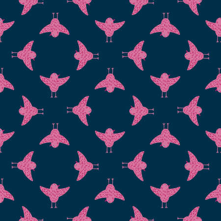 Geometrical seamless pattern with bright pink birds ornament. Navy blue dark background. Vector illustration for seasonal textile prints, fabric, banners, backdrops and wallpapers.のイラスト素材