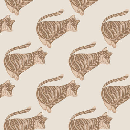 Beige predator cat seamless pattern with simple tiger elements. Light grey background. Doodle print. Flat vector print for textile, fabric, giftwrap, wallpapers. Endless illustration.のイラスト素材