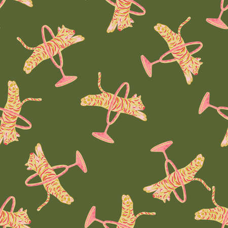 Random seamless doodle pattern with jumping across ring orange colored tiger print. Green olive background. Vector illustration for seasonal textile prints, fabric, banners, backdrops and wallpapers.のイラスト素材