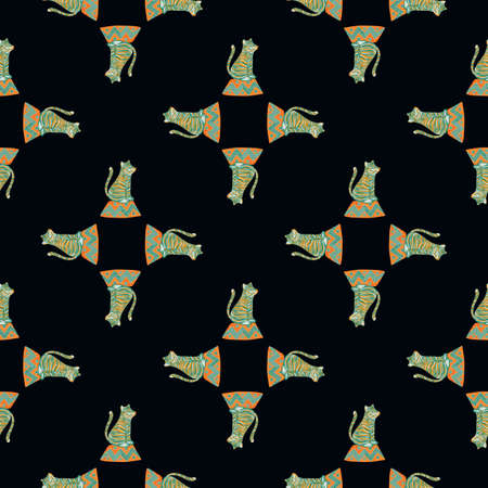Geometric seamless pattern with simple green tiger shapes. Black background. Safari exotic animal backdrop. Vector illustration for seasonal textile prints, fabric, banners, backdrops and wallpapers.のイラスト素材