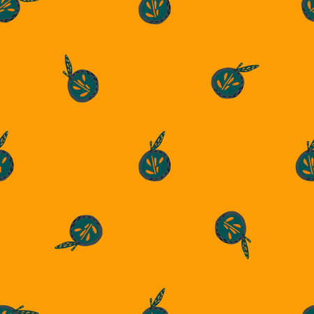 Minimalistic seamless pattern with doodle navy blue apple ornament. Bright orange background. Stock illustration. Vector design for textile, fabric, giftwrap, wallpapers.のイラスト素材