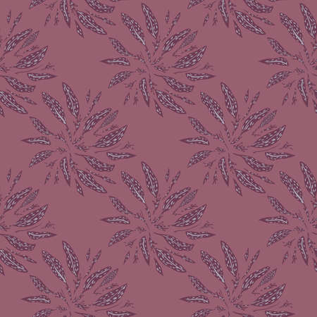 Abstract seamless botanical pattern with leaves silhouettes print. Purple colored palette. Nature backdrop. Graphic design for wrapping paper and fabric textures. Vector Illustration.のイラスト素材