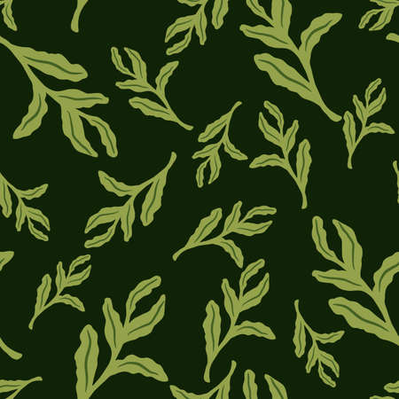 Random seamless pattern in autumn style with green foliage shapes. Brown dark background. Flat vector print for textile, fabric, giftwrap, wallpapers. Endless illustration.のイラスト素材
