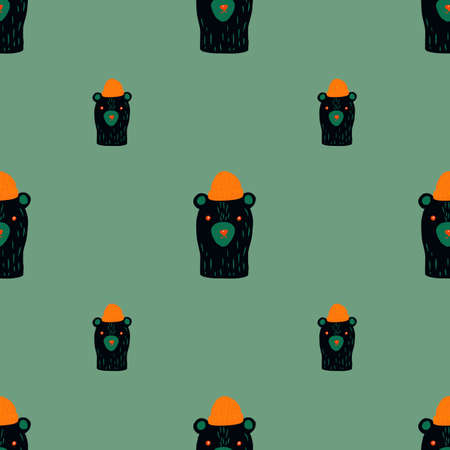 Simple seamless pattern with dark grey bear characters in hats print. Pale turquoise background. Vector illustration for seasonal textile prints, fabric, banners, backdrops and wallpapers.のイラスト素材