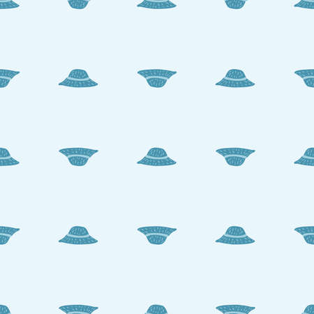 Seamless pattern with creative hand drawn blue panama hats ornament. Pastel light background. Graphic design for wrapping paper and fabric textures. Vector Illustration.のイラスト素材