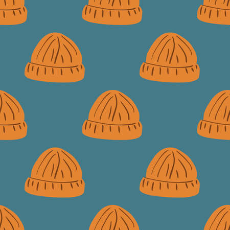 Contoured orange beanie hat seamless pattern. Hipster clothes ornament on blue pale background. Stock illustration. Vector design for textile, fabric, giftwrap, wallpapers.のイラスト素材