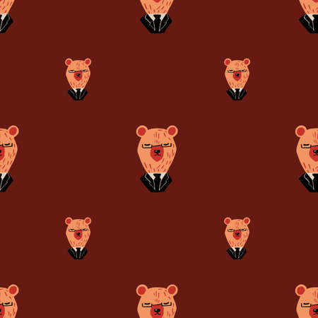 Decorative seamless pattern with pink funny bear in tuxedo print. Dark maroon background. Flat vector print for textile, fabric, giftwrap, wallpapers. Endless illustration.のイラスト素材