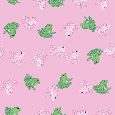 Chilidish exotic aquatic animal seamless pattern with green random frogs print. Pink pastel background. Flat vector print for textile, fabric, giftwrap, wallpapers. Endless illustration.のイラスト素材