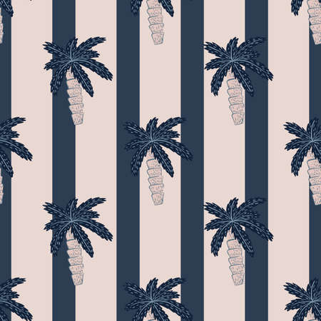 Abstract seamless nature pattern with beach palm tree navy blue ornament. Pink and blue striped background. Flat vector print for textile, fabric, giftwrap, wallpapers. Endless illustration.のイラスト素材