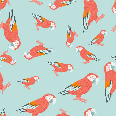 Pink pastel ara parrot doodle animal seamless pattern. Blue background. Random zoo tropical backdrop. Stock illustration. Vector design for textile, fabric, giftwrap, wallpapers.のイラスト素材