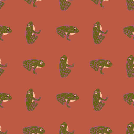 Tropic animal marine seamless pattern with amphibian green olive frog shapes. Pale dark pink background. Stock illustration. Vector design for textile, fabric, giftwrap, wallpapers.のイラスト素材