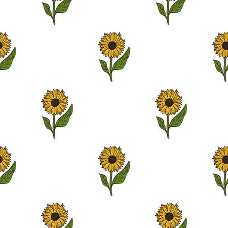Isolated seamless botanical pattern with simple yellow sunflower silhouettes. White background. Graphic design for wrapping paper and fabric textures. Vector Illustration.のイラスト素材