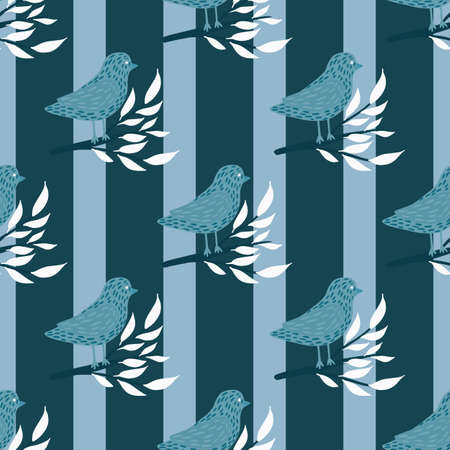 Seamless pattern with hand drawn bird on leaves branches print. Navy blue striped background. Vector illustration for seasonal textile prints, fabric, banners, backdrops and wallpapers.のイラスト素材