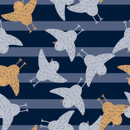 Doocle kids style seamless pattern with random flying birds shapes. Navy blue striped background. Vector illustration for seasonal textile prints, fabric, banners, backdrops and wallpapers.のイラスト素材