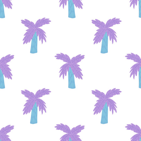 Isolated bright cartoon seamless pattern with simple purple palm tree silhouettes. White background. Graphic design for wrapping paper and fabric textures. Vector Illustration.のイラスト素材