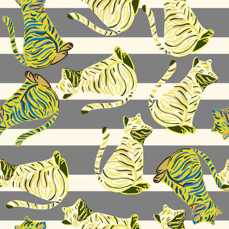 Random seamless pattern with yellow random tiger hand drawn ornament. Simple design with striped background. Stock illustration. Vector design for textile, fabric, giftwrap, wallpapers.のイラスト素材