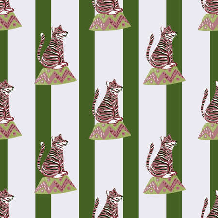 Animal circus seamless pattern with training tiger silhouettes. Striped grey and green background. Vector illustration for seasonal textile prints, fabric, banners, backdrops and wallpapers.のイラスト素材