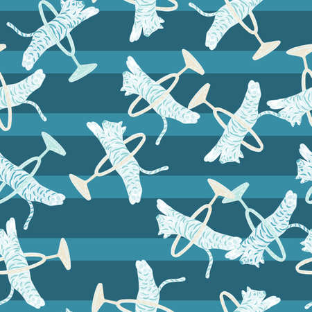 Tiger circus silhouettes seamless pattern in kids style. Blue bright striped background. Doodle backdrop. Vector illustration for seasonal textile prints, fabric, banners, backdrops and wallpapers.のイラスト素材