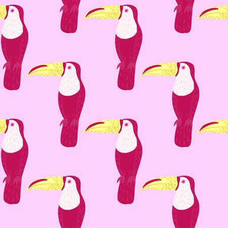 Ornithology seamless pattern with bright pink toucan bird ornament. Light background. Nature wildlife print. Flat vector print for textile, fabric, giftwrap, wallpapers. Endless illustration.のイラスト素材