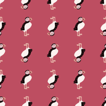 Contrast seamless pattern in ornithology theme with doodle puffin bird shapes. Pink background. Flat vector print for textile, fabric, giftwrap, wallpapers. Endless illustration.のイラスト素材